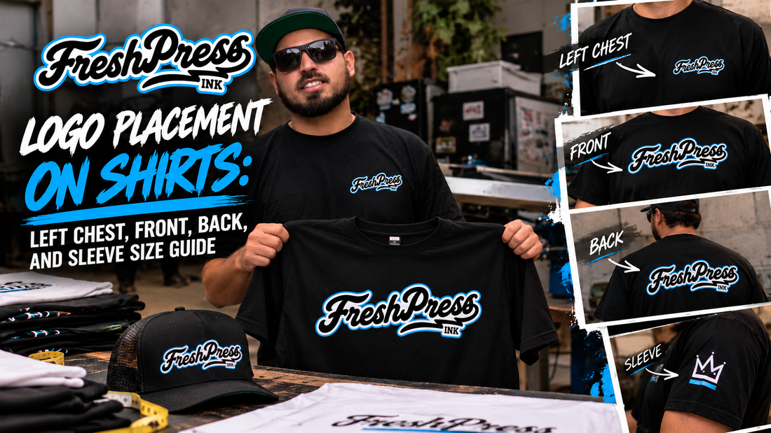 Fresh Press Ink logo placement guide showing left chest, front, back, and sleeve print positions on custom shirts.