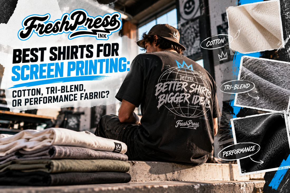 Fresh Press Ink guide comparing cotton, tri-blend, and performance shirts for screen printing and custom apparel.