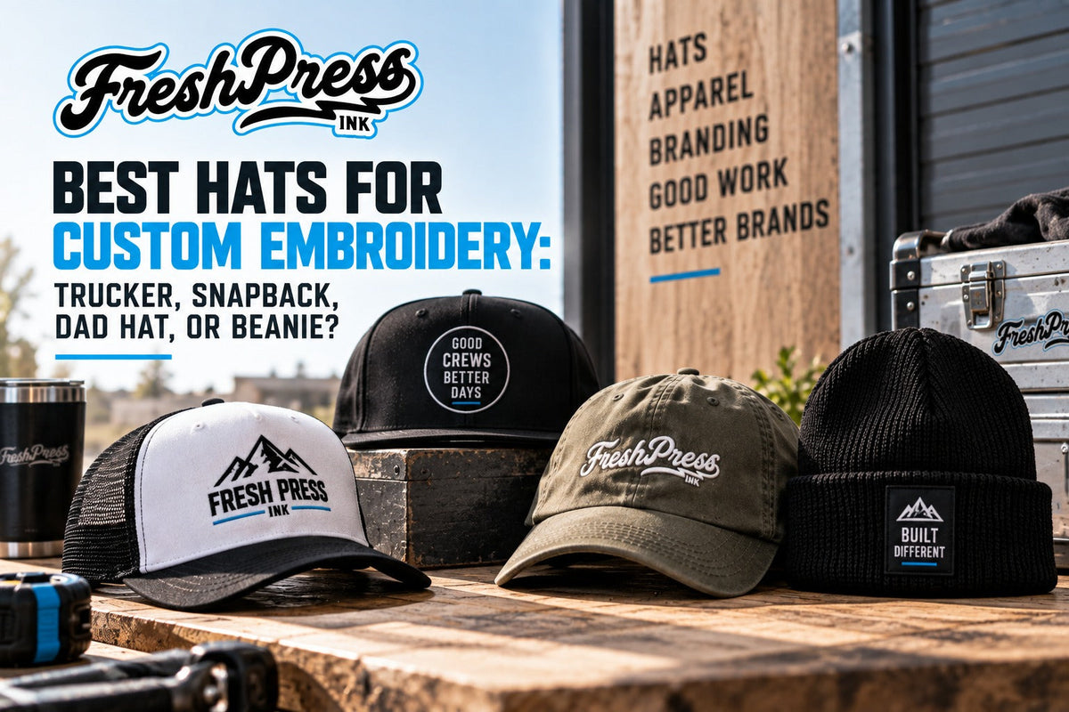 Fresh Press Ink custom embroidered hats featuring trucker, snapback, dad hat, and beanie styles for business and branded apparel.  
